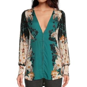 NWT Free People Mikayla Teal Floral Blouse